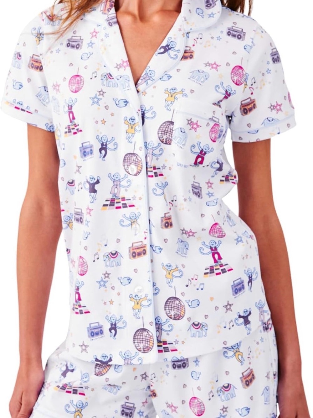 Women’s White Printed Short-Sleeve Pajama Set - Fun Dance Motif